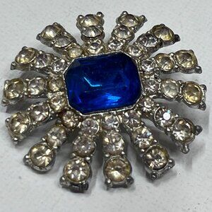Vintage Silver Rhinestone Brooch with Large Blue Center Stone